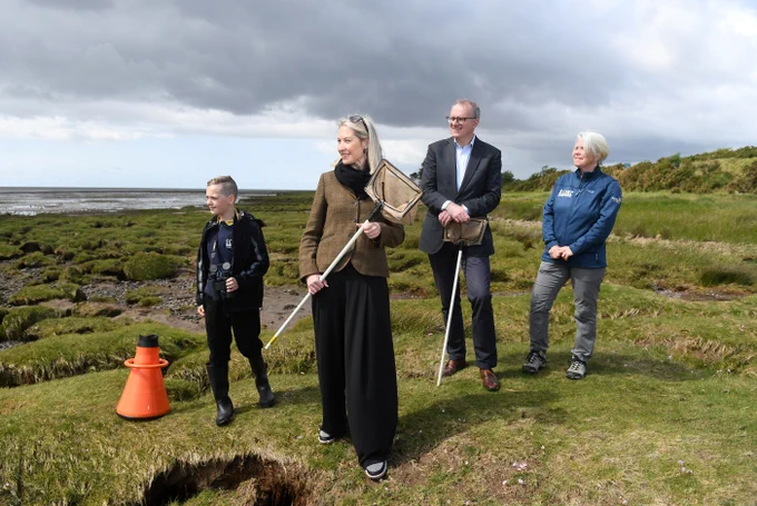 An image of four people standing in an area of saltmarsh coastal habitat. their heads are turned to look out to sea