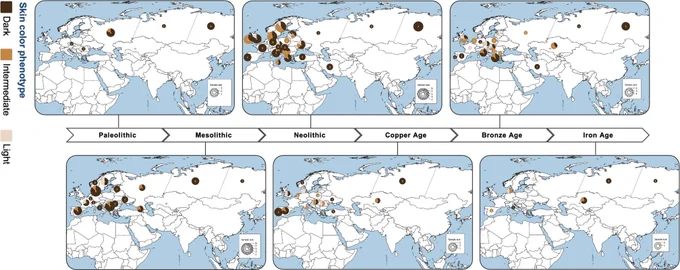 Temporal and geographical distribution of skin pigmentation estimates in Eurasia from Paleolithic to Iron Age.