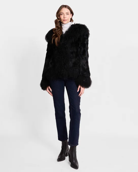 Rabbit Coat with Mongolian Fur Trim and Cuffs.