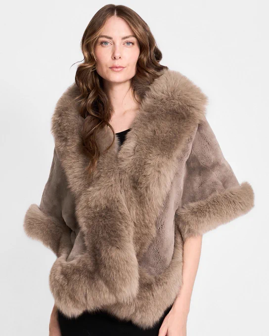 Rex Rabbit Shawl with Fox Fur Trim in Grey
