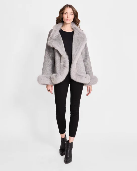 Wool Shawl with Fox Fur Trim in Grey