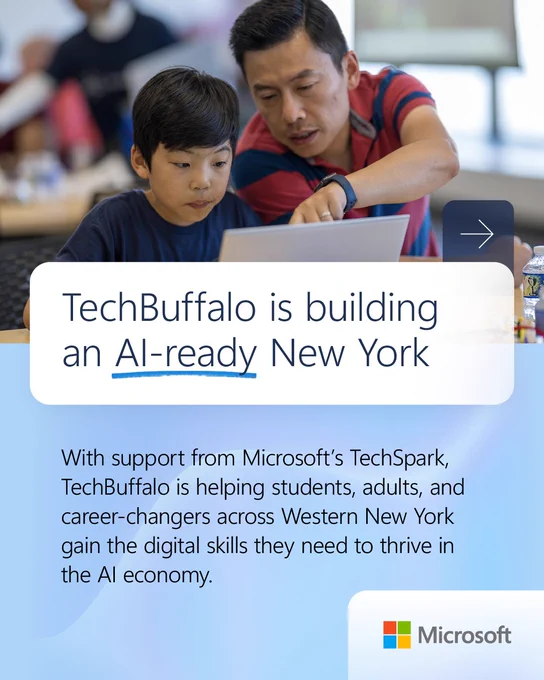 An adult and a child working together on a laptop in a classroom setting. Text reads: 'TechBuffalo is building an AI-ready New York. With support from Microsoft’s TechSpark, TechBuffalo is helping students, adults, and career-changers across Western New York gain the digital skills they need to thrive in the AI economy.' Microsoft logo in the bottom right corner.