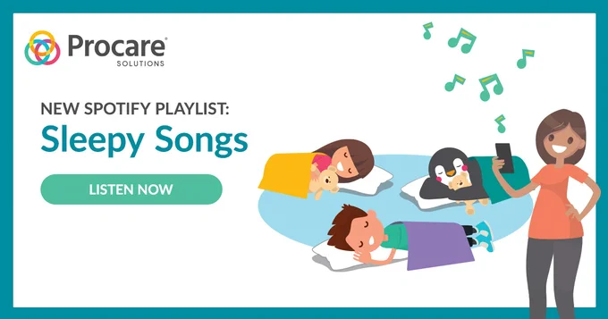 A graphic promoting a new Spotify playlist for Nursurey Rhymes. It features children lying on mats with blankets, while musical notes float above. The text includes "NEW SPOTIFY PLAYLIST: Sleepy Songs" and a green "LISTEN NOW" button. The background is white with a teal border.