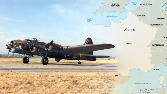 Collage of a B-17G and a map of France