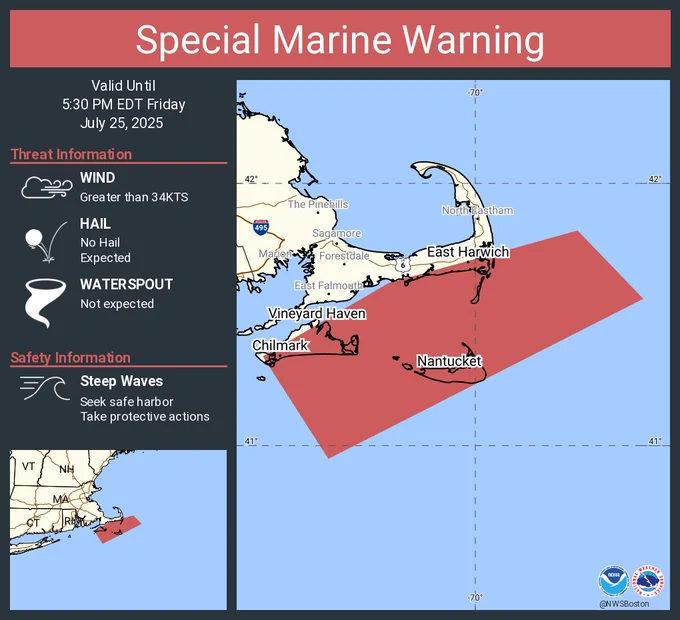 This graphic displays a special marine warning plotted on a map. The warning is in effect until 5:30 PM EDT. The warning includes coastal waters from Provincetown MA to Chatham MA to Nantucket MA out 20 nm, Ocean waters from Provincetown to Nantucket from 20 to 35 NM offshore, Nantucket Sound, Rhode Island Sound and Vineyard Sound. The threats associated with this warning are wind gusts greater than 34kts and no hail expected.Waterspouts are not expected. Steep waves can be expected. Seek safe harbor and take protective actions.