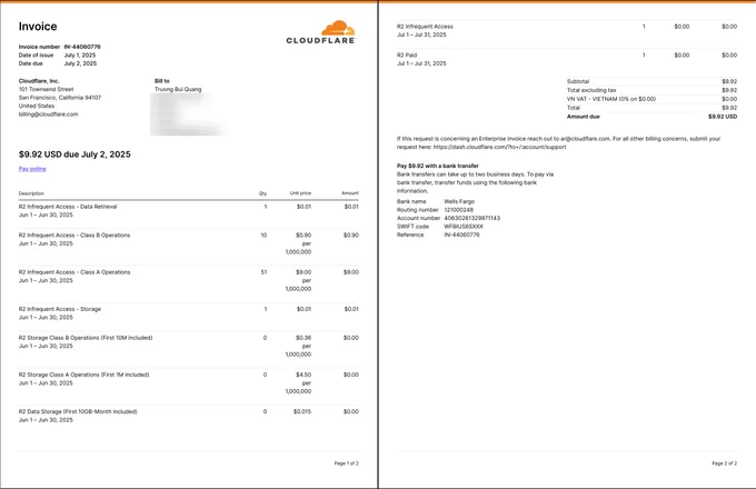 This is the invoice. I was charged $9 for just 51 R2 Class A operations.
