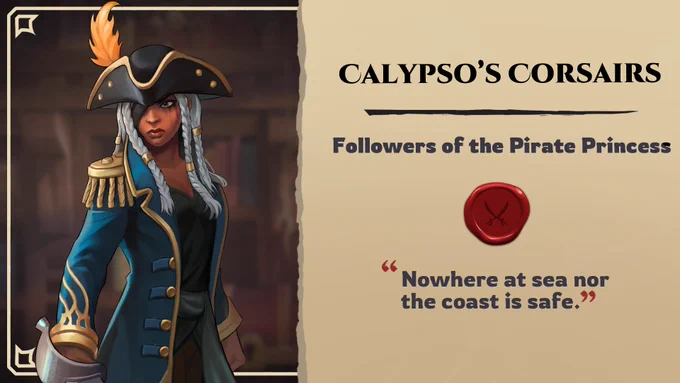 Pirate captain in a blue and gold-trimmed coat with braided white hair and a feathered tricorn hat, holding a cutlass. She is a pirate of the Calypso's Corsairs group in MythWalker.