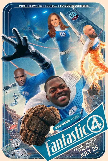 Milt Stegall, Davis Sanchez, Kate Beirness and Henoc Muamba in a mock version of the Fantastic 4 movie poster.