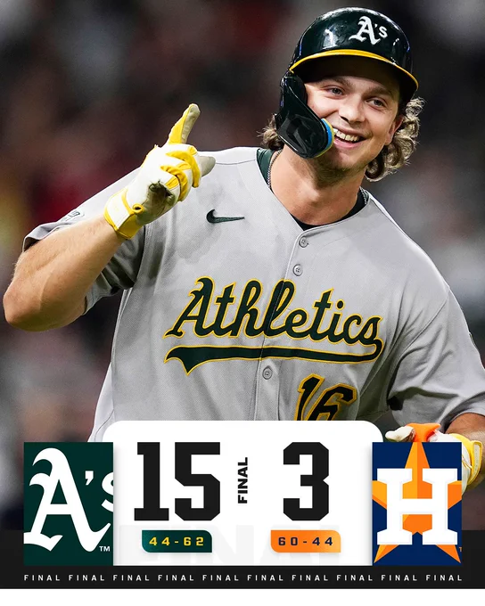 Final Score Graphic 7.25.25
Athletics 15 (44-62), Astros 3 (60-44)
Pictured: Nick Kurtz smiles while rounding the bases Friday night wearing a gray Athletics uniform with green lettering and yellow trim.