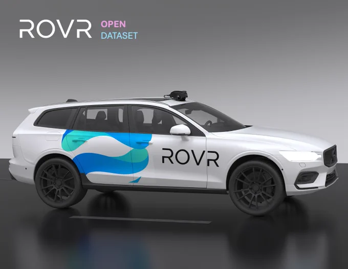 ROVR Network mapping vehicle equipped with LiDAR and branded graphics, used for collecting high-precision spatial data for the ROVR Open Dataset.