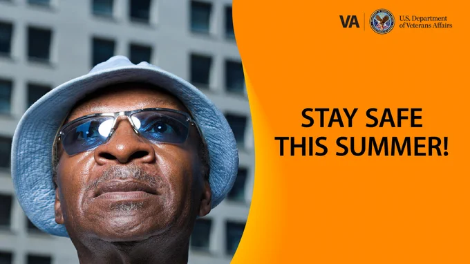 A man wearing a light blue bucket hat stands outdoors with a building in the background, accompanied by a text that reads: Stay safe this summer!