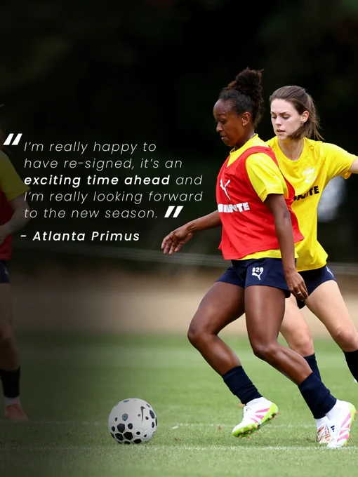 A quote graphic with an image of Atlanta Primus in training, wearing a red bib over a yellow training top with navy shorts. The quote reads: "I'm really happy to have re-signed, it's an exciting time ahead and I'm really looking forward to the new season."