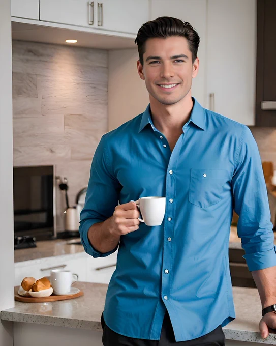 Michael Allen stands in a modern kitchen, smiling warmly while holding a white coffee mug in his right hand. He’s wearing a fitted teal-blue button-down shirt with the sleeves rolled up slightly. Behind him on the counter, another coffee mug and a plate with pastries are visible. The soft lighting and neutral tones of the kitchen create a welcoming, homey atmosphere.