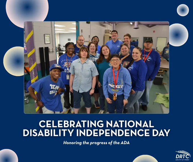Celebrating National Disability Independence Day. Honoring the progress of the ADA. Image of a diverse group photo in which each person is wearing blue. 