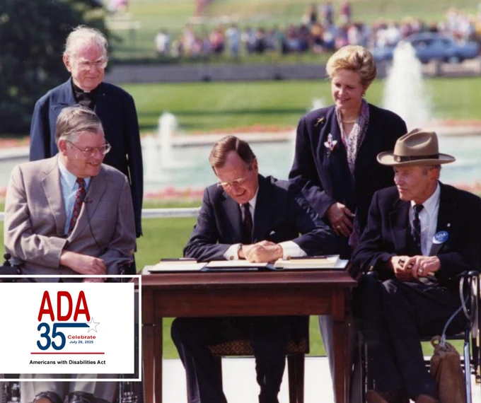 President G.H.W. Bush signing the Americans with Disabilities Act of 1990 into law on the South Lawn of the White House. Accompanied by Evan Kemp, Justin Dart, Rev Harold Wilke & Swift Parrino. 