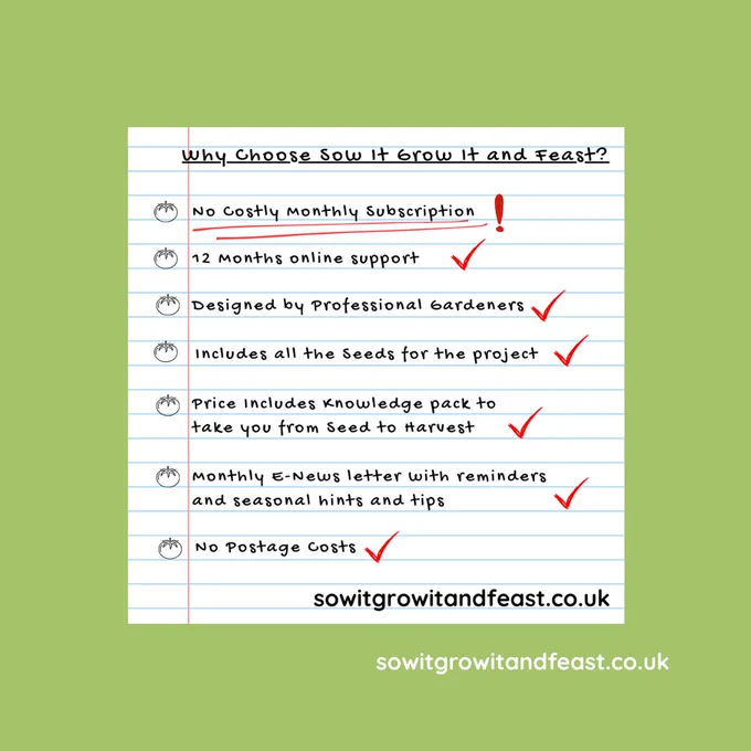 Note pad paper with hand writing.
No costly monthly subscription.
Designed by professional gardeners.
12 months online support.
Price includes knowledge pack to take you from seed to harvest.
No postage costs.
www.sowitgrowitandfeast.co.uk