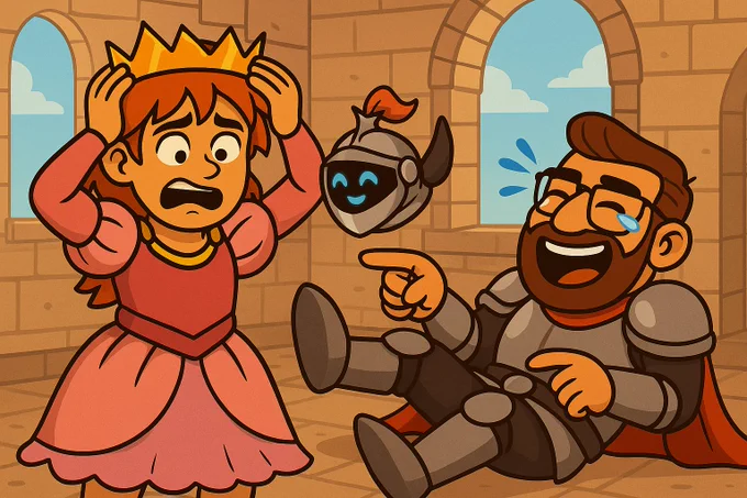 Cartoon-style illustration of a medieval castle scene. A red-haired boy dressed as a princess clutches a golden crown. On the floor, a bearded man in shining armor laughs uncontrollably, pointing at the boy. A flying robot companion with a knight’s helmet hovers beside them, smiling. Bright daylight streams through arched stone windows in the background.