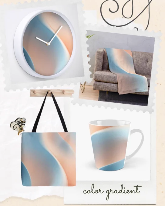 An abstract gradient design in soft peach and blue tones appears on several products including a sleeveless top, bath mat, tote bag and mug. The items are shown on a warm beige background with a butterfly illustration. The design features smooth transitions and curved shapes, creating a peaceful and elegant appearance suitable for home or fashion.