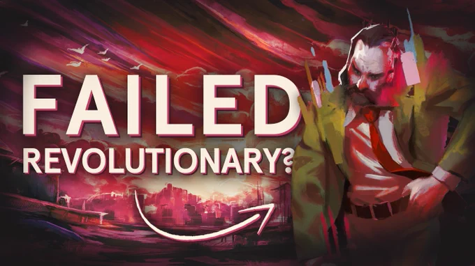 An edited thumbnail: the background is a painted vista of orange and pink hues over a shoddy harbour skyline, white birds flying across the sky. Superimposed on this background is the bold text "FAILED REVOLUTIONARY?" in off-white, with an arrow pointing to art of a man on the right. He's wearing a green jacket with an orange tie, has impressive mutton chops and a pallid complexion. His body is cocked in an agitated pose, as if he's approaching someone for a brawl. He's also rendered in the same painterly style as the backdrop.