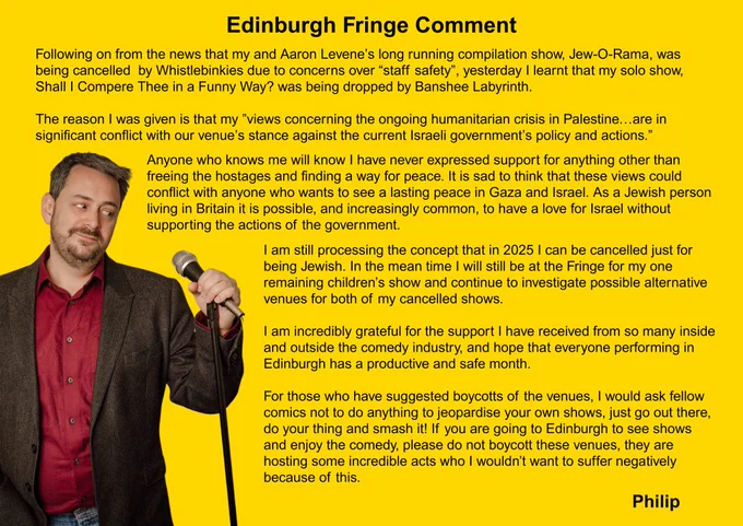 A picture of Stand Up Comedian Philip Simon holding a microphone. The picture has a lot of text, which is the same as what is written in the post.