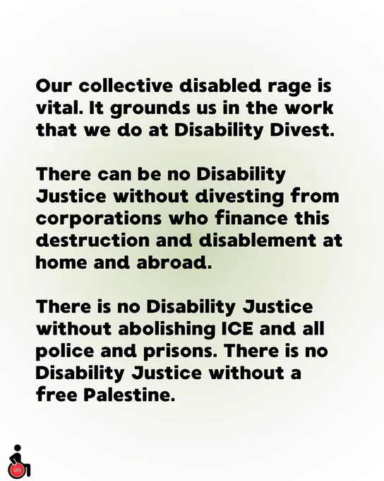 Our collective disabled rage is vital. It grounds us in the work that we do at Disability Divest.

There can be no Disability Justice without divesting from corporations who finance this destruction and disablement at home and abroad. 

There is no Disability Justice without abolishing ICE and all police and prisons. There is no Disability Justice without a free Palestine.
