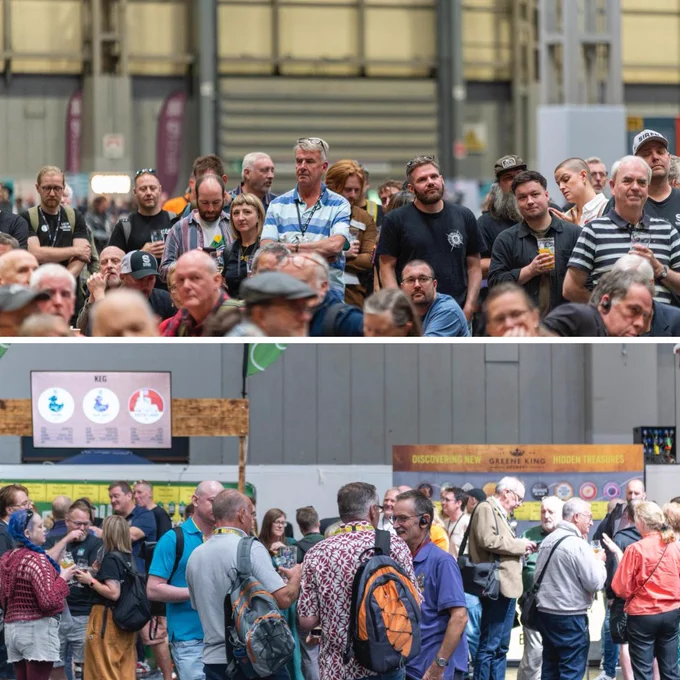 Two pictures of people standing in a hall