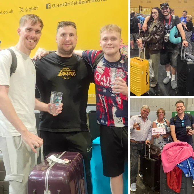 Three pictures of people with suitcases and pints of beer.