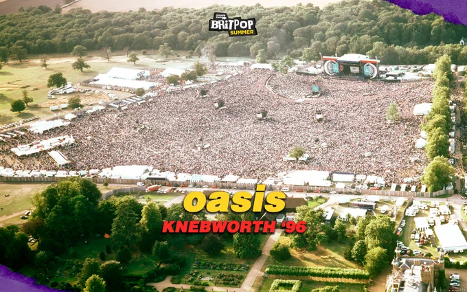 An aerial photograph of the crowd at the Oasis gig at Knebworth with the text: Oasis Knebworth '96 overlaid