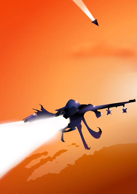 Chase view sketch of an aircraft intercepting another aircraft against the orange evening sky.