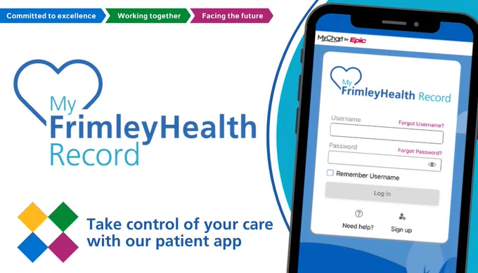 Promotional image for "My Frimley Health Record" app, showing a smartphone displaying the login screen of the app, alongside text emphasizing control over patient care and logos related to Frimley Health.