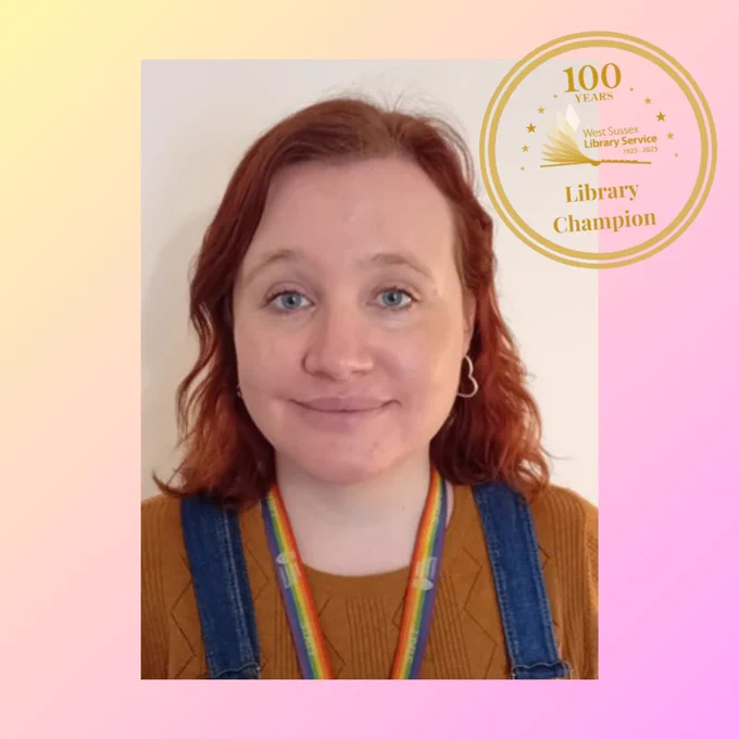 Felicity against yellow and pink pastel background with golden library champion sticker.