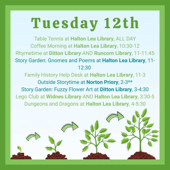 Tuesday 12th:
Table Tennis at Halton Lea Library, ALL DAY
Coffee Morning at Halton Lea Library, 10:30-12
Rhymetime at Ditton Library AND Runcorn Library, 11-11:45
Story Garden: Gnomes and Poems at Halton Lea Library, 11-12:30 
Family History Help Desk at Halton Lea Library, 11-3
Outside Storytime at Norton Priory, 2-3**
Story Garden: Fuzzy Flower Art at Ditton Library, 3-4:30
Lego Club at Widnes Library AND Halton Lea Library, 3:30-5
Dungeons and Dragons at Halton Lea Library, 4-5:30