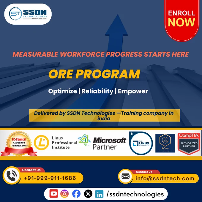 📊 Measurable Workforce Progress Starts Here
 
ORE Program: Optimize | Reliability | Empower
 
Is your team falling short of its full potential?
The answer lies in structured, goal-driven development.
Introducing the ORE Program by SSDN Technologies – a powerful corporate training solution built to take your workforce from average to exceptional.
 
🔹 Optimize performance with targeted strategies
🔹 Build Reliability through consistent skills and systems
🔹 Empower employees with the right tools, mindset, and leadership training
 
As a trusted training company in India, SSDN Technologies delivers a perfect blend of behavioral transformation and technical expertise to foster long-term growth and workforce efficiency.
 
Whether you're looking to upgrade soft skills like communication, leadership, and collaboration, or advance in technical domains like cybersecurity, data analysis, cloud, or project management — the ORE Program is your roadmap to success.
