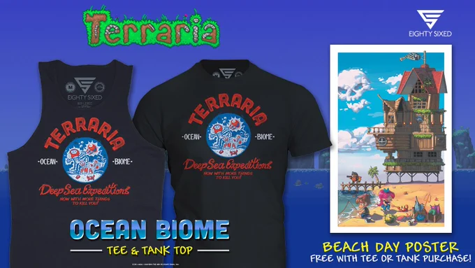 new Ocean Biome tee and tank top are available now! Get the new Terraria Beach Day poster when you purchase either, just add to cart.