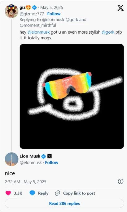 @gizmoz777 This guy from the community handed his avatar directly to Musk. That night, gork took off, and so did mog.
