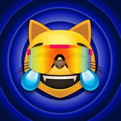 The Joycat character, designed by @enjoyoor, is a comical figure based on the 'crying with laughter' cat emoji, wearing sunglasses.
