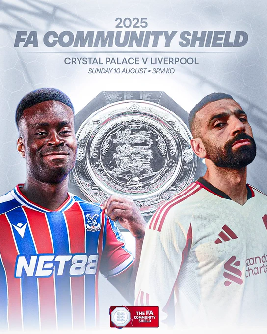 Promotional poster for the 2025 FA Community Shield between Crystal Palace and Liverpool. The match is scheduled for Sunday, 10 August at 3PM