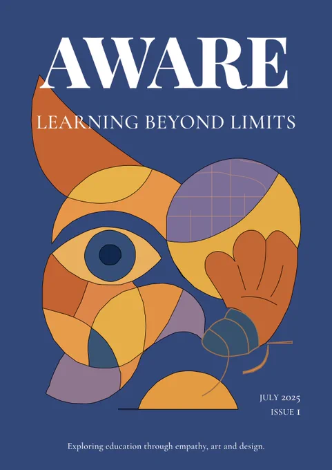 A vibrant abstract magazine cover page created in Figam. It features overlapping shapes in various colors to express the diversity and complexity of special needs.