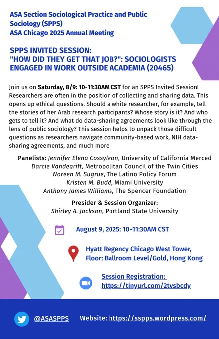 Join us on Sat, 8/9: 10-11:30AM CST for Sociological Practices and Public Sociology Invited Session: "How did they get that job?": Sociologists Engaged in Work Outside Academia (20465, viewable in online program) 

Register for Zoom info: tinyurl.com/2tvsbcdy
View website for full details: https://sspps.wordpress.com/meetings/

Researchers are often in the position of collecting and sharing data. This opens up ethical questions. Should a white researcher, for example, tell the stories of her Arab research participants? Whose story is it? And who gets to tell it? And what do data-sharing agreements look like through the lens of public sociology? This session helps to unpack those difficult questions as researchers navigate community-based work, NIH data-sharing agreements, and much more.