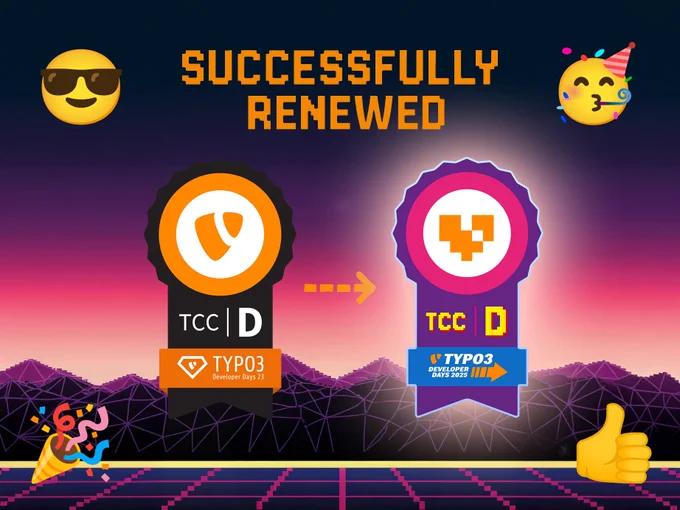 A graphic with the badges of the TCCD certificates from 2023 and 2025 with the heading “Successfully renewed”