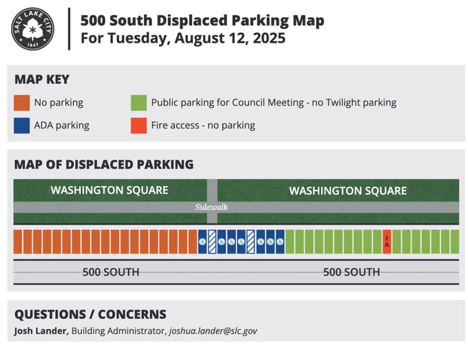 A map indicating reserved Council meeting parking along the 500 S side of Washington Square Park. ADA parking stalls are available. No Twilight Concert parking is permitted. 