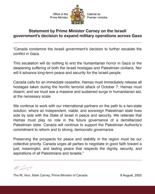 Statement by Prime Minister Carney on the Israeli government’s decision to expand military operations across Gaza.