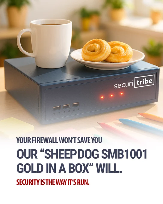 Office firewall used as a coffee table with coffee mug; Securitribe device; headline ‘Your firewall won’t save you’; SMB managed security; Australia SMB1001.
