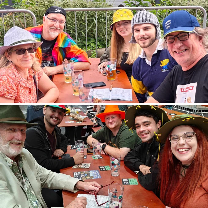 Two photos of people sat down on wooden benches with novelty hats.