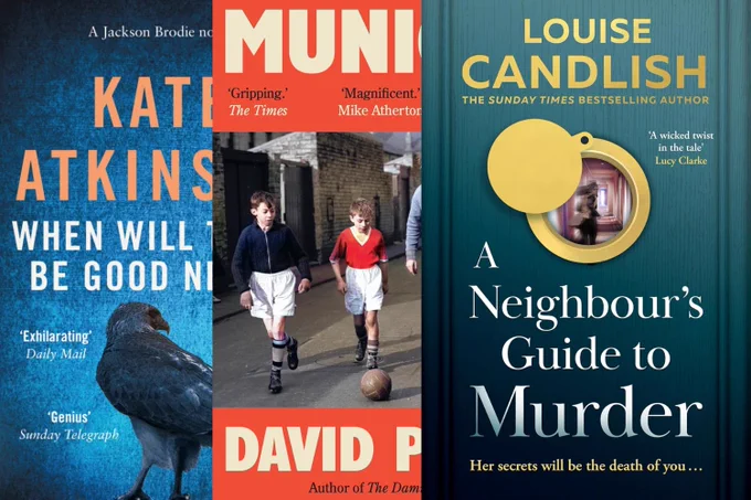 Collage of book covers. (L-R) When Will There Be Good News by Kate Atkinson. Munichs by David Peace. A Neighbour's Guide to Murder by Louise Candlish.