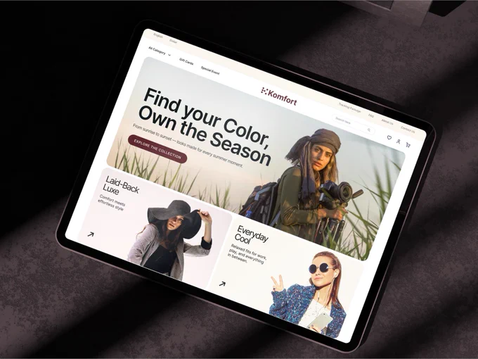 Komfort – Summer Outfit Collection Landing Page
A clean and modern e-commerce landing page concept for a fashion brand. The design focuses on seasonal outfit inspiration, showcasing vibrant imagery, bold typography, and a minimal layout to highlight the products without distraction.

Hero section: introduces the "Color of Summer Outfit" campaign with an engaging visual and clear CTA.
Category cards: break down collections into lifestyle segments like Outdoor Active and Casual Comfort.
The interface uses rounded image corners, soft spacing, and a warm yet minimal color palette to keep the focus on the fashion.
Perfect for seasonal campaigns, lifestyle brands, and online retail experiences.