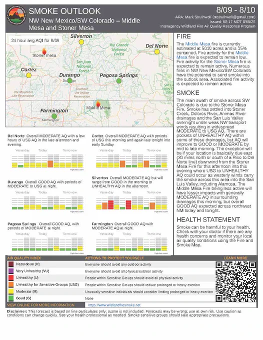 Smoke Outlook for the Middle Mesa Fire for August 09, 2025