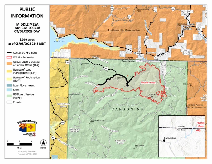 Public information map for the Middle Mesa Fire for August 09, 2025