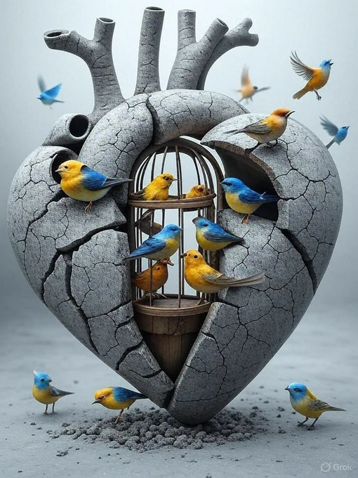 Prompt:
A surrealist, hyper-realistic 3D sculpture of a cracked human heart made of textured stone, split open to reveal a small wooden birdcage inside. The cage holds vibrant, multicolored songbirds—yellow, blue, and orange—some perched inside and others flying out into the misty, dreamlike background. The birds in motion blur as they escape, symbolizing freedom and emotional release. Soft diffused lighting enhances the contrast between the dull, monochrome stone heart and the vivid colors of the birds. The background is smooth and foggy, with subtle gradients of grey, giving a feeling of depth and melancholy beauty.