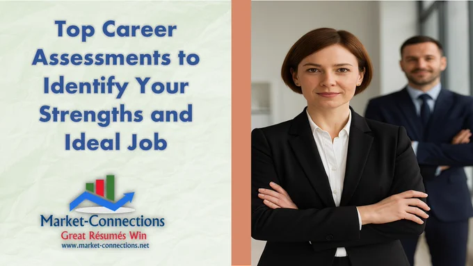 Confident businesswoman standing with arms crossed and colleague in background, symbolizing career assessments, job aptitude tests, and professional development. Market-Connections Résumé Services helps job seekers identify strengths, choose ideal careers, and create winning résumés.